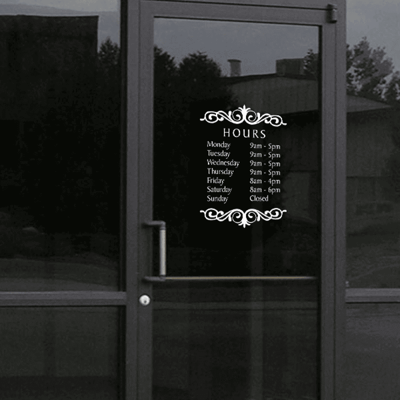 Baker Die Cut Hours of Operation Decal on a storefront window