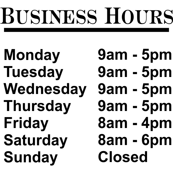 Die Cut Business Hours Vinyl Door Decal | 12" x 12"