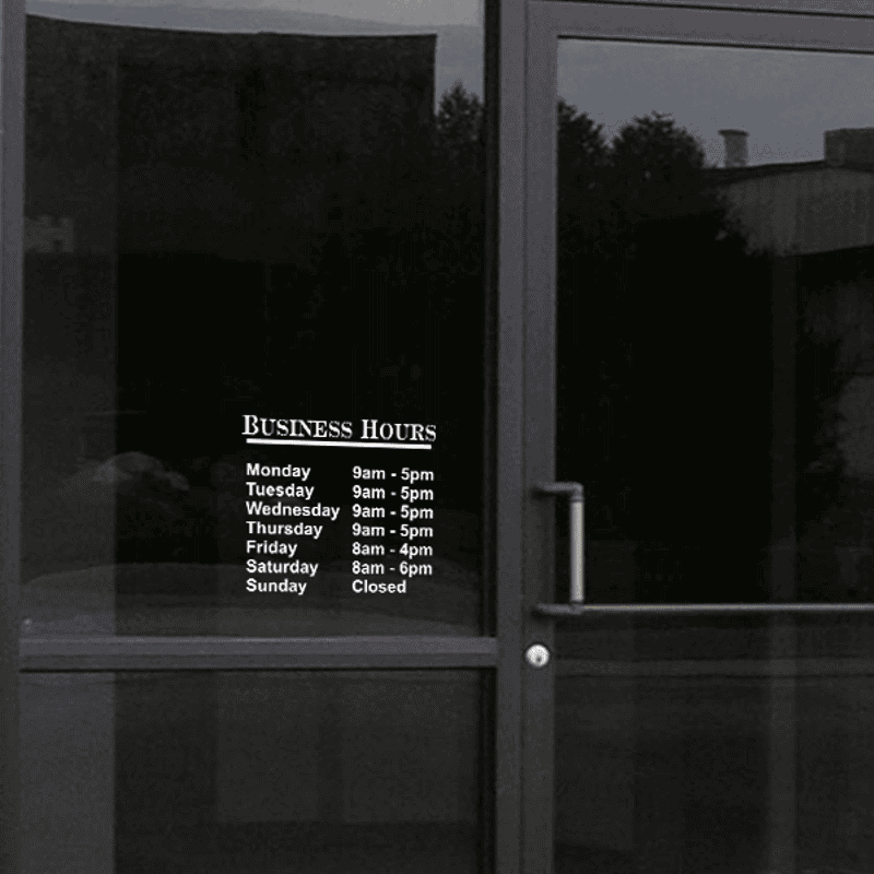 Standard Business Hours Die Cut Door Decal on a storefront window