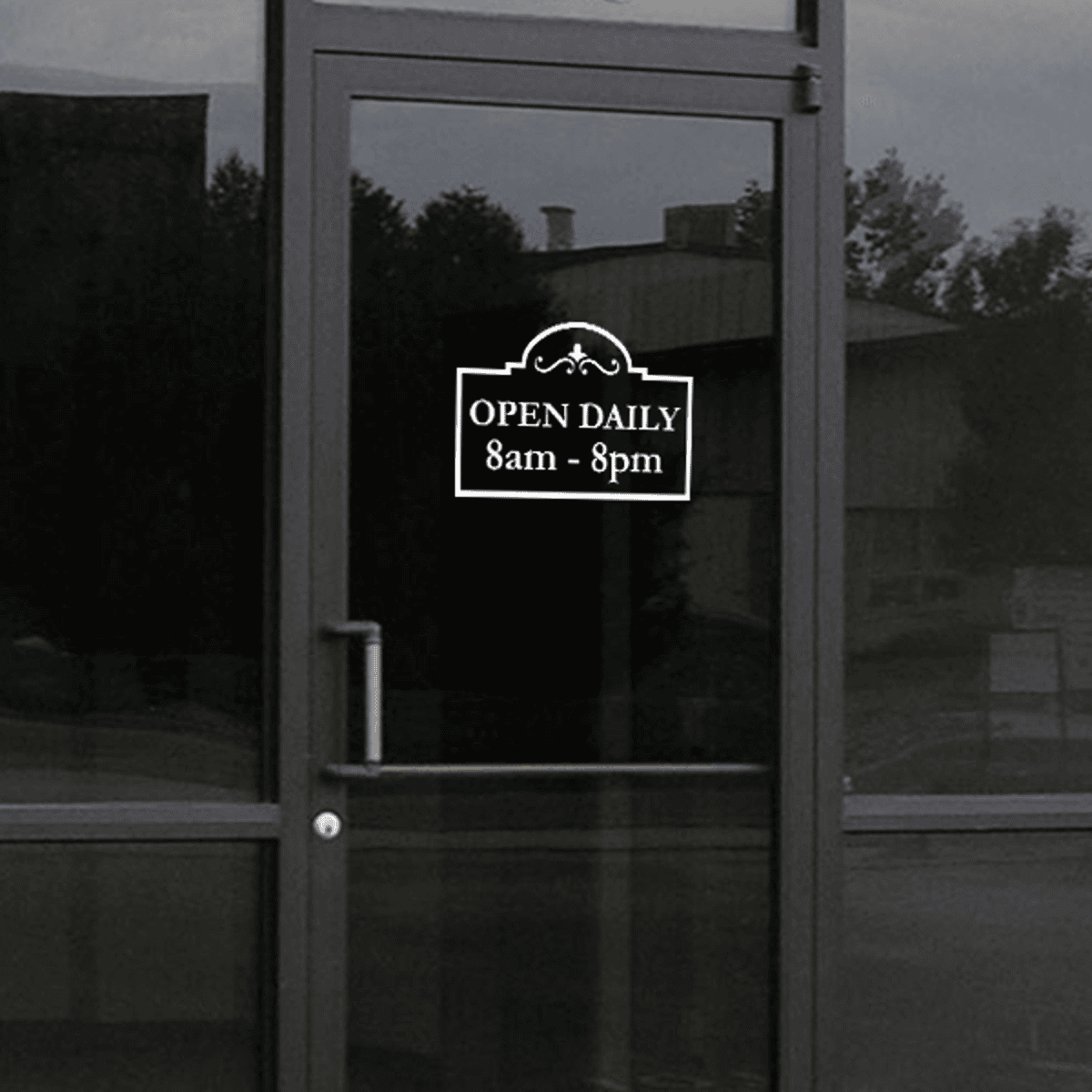 Open Daily Business Hours Die Cut Decal on a storefront window
