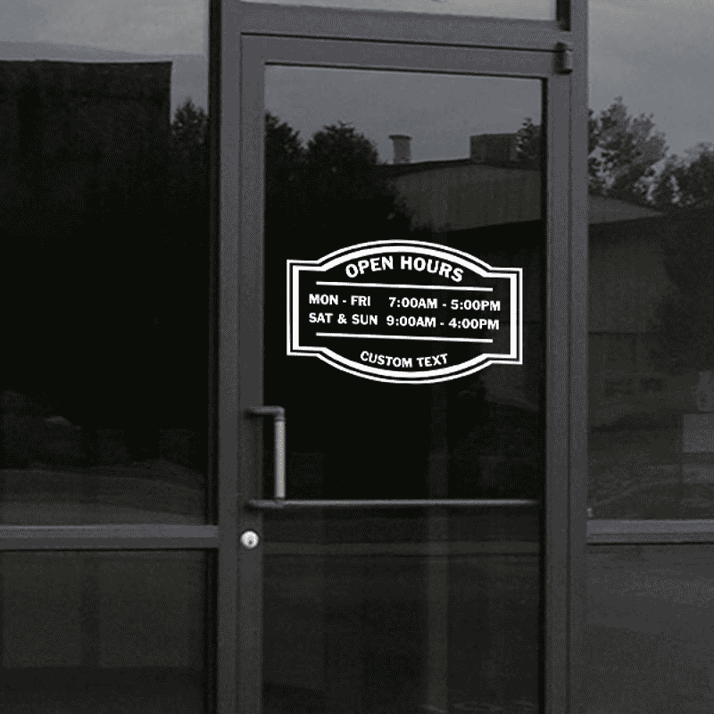 Open Hours Die Cut Door Decal on a storefront window