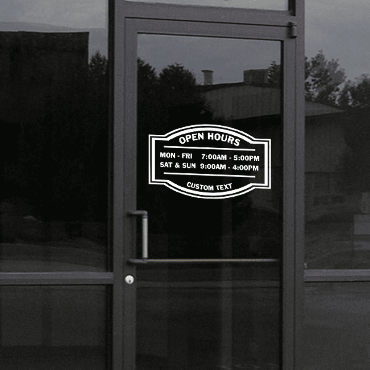 Open Hours Die Cut Door Decal on a storefront window
