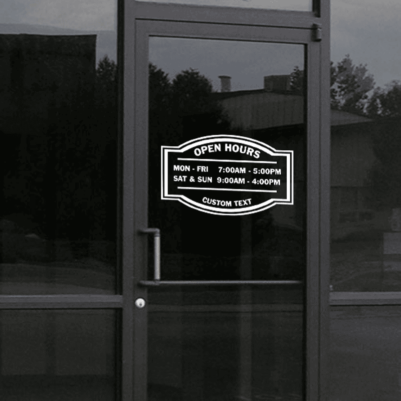Open Hours Die Cut Door Decal on a storefront window