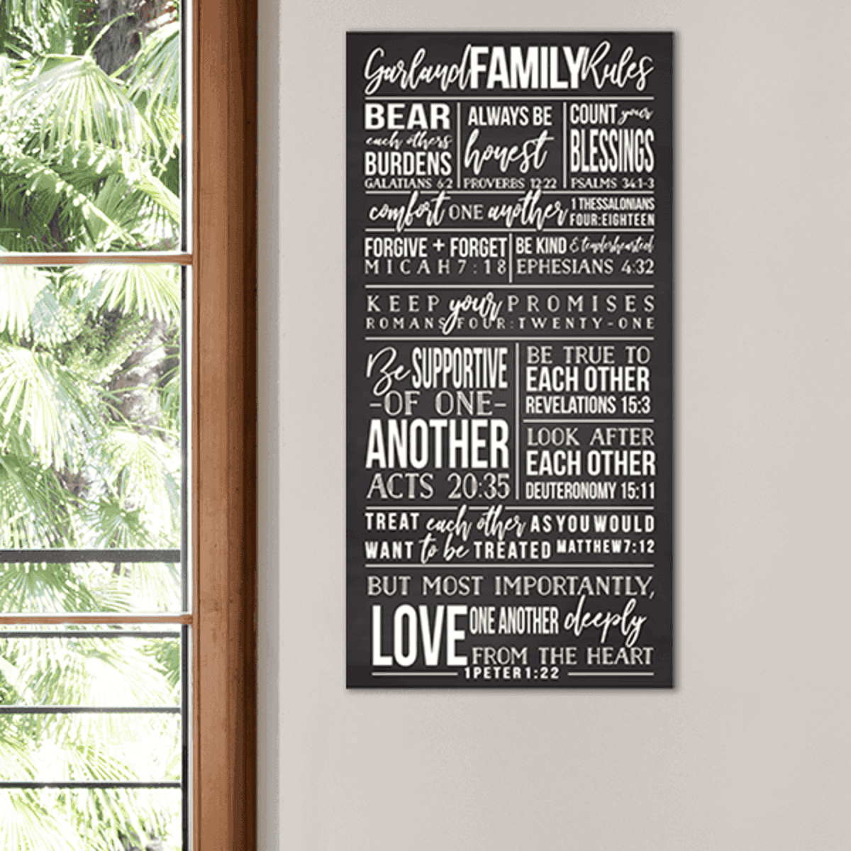 Personalized Family Rules Poster Sign Hung Up on a Wall Next to a Window