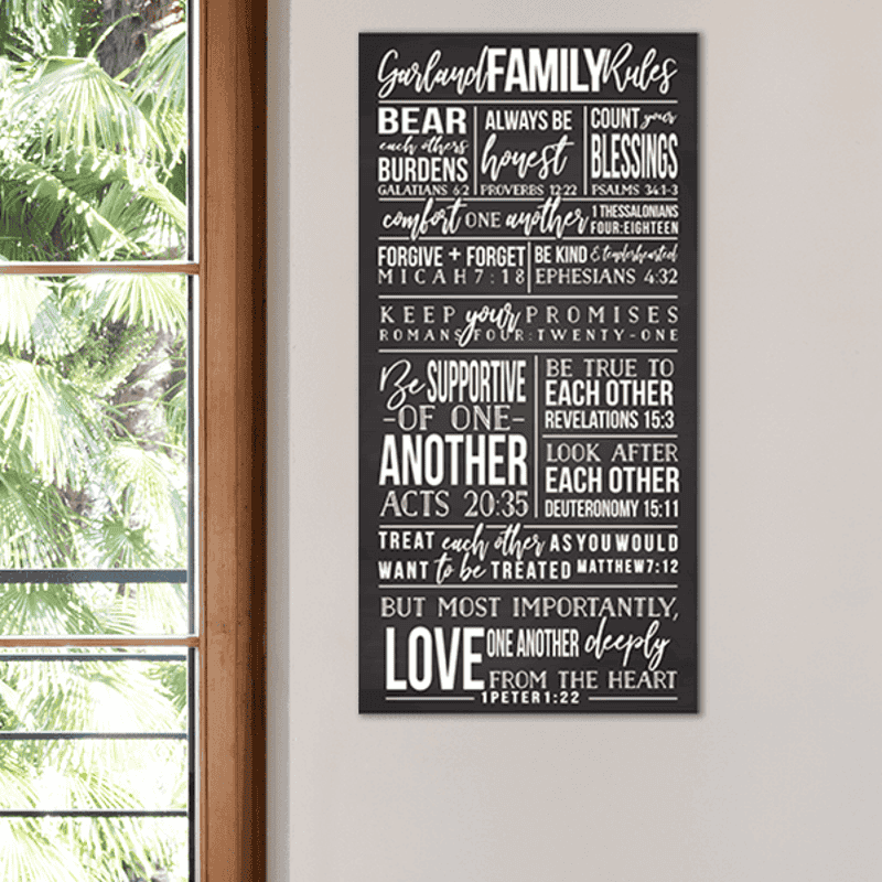 Personalized Family Rules Poster Sign Hung Up on a Wall Next to a Window