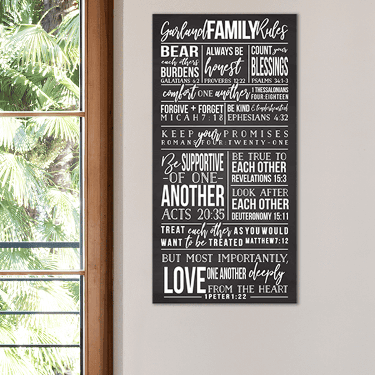 Personalized Family Rules Poster Sign Hung Up on a Wall Next to a Window