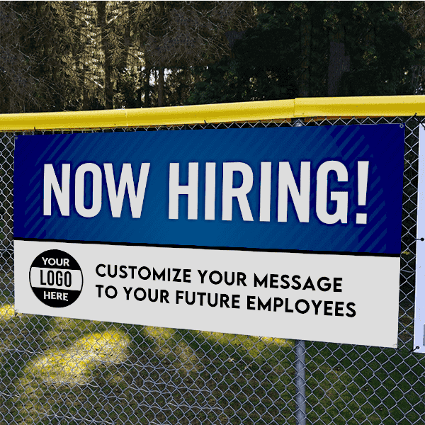 Custom Logo Now Hiring Vinyl Banner In Blue - 3x6 Lifestyle
