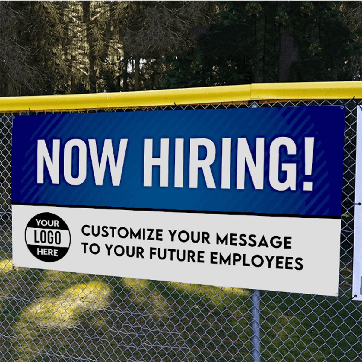 Custom Logo Now Hiring Vinyl Banner In Blue - 3x6 Lifestyle