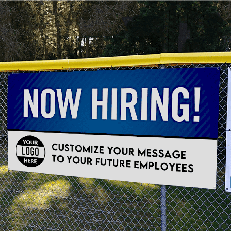 Custom Logo Now Hiring Vinyl Banner In Blue - 3x6 Lifestyle