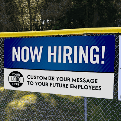 Custom Logo Now Hiring Vinyl Banner In Blue - alternate view