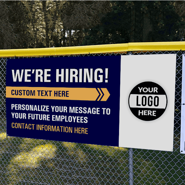 Custom Logo We're Hiring Vinyl Banner In Blue - 3x6 Lifestyle
