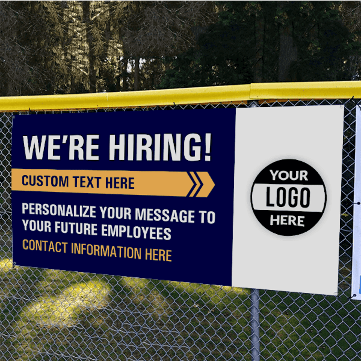 Custom Logo We're Hiring Vinyl Banner In Blue - 3x6 Lifestyle