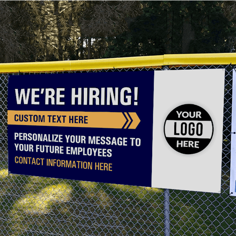 Custom Logo We're Hiring Vinyl Banner In Blue - 3x6 Lifestyle