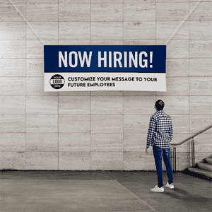 Custom Logo Now Hiring Vinyl Banner In Blue - 3x8 Lifestyle