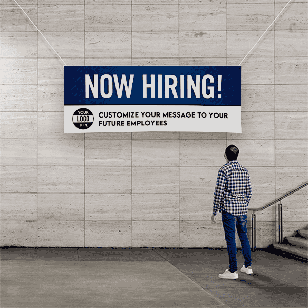 Custom Logo Now Hiring Vinyl Banner In Blue - 3x8 Lifestyle