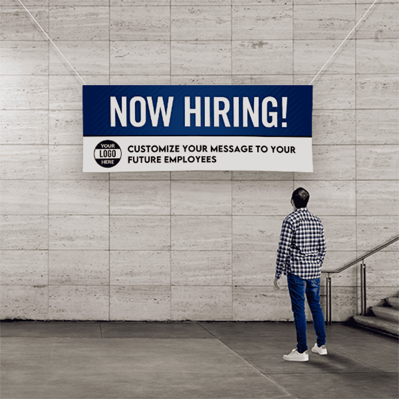 Custom Logo Now Hiring Vinyl Banner In Blue - 3x8 Lifestyle