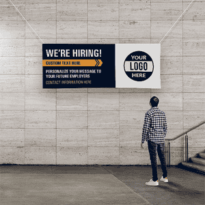 Custom Logo We're Hiring Vinyl Banner In Blue - 3x8 Lifestyle