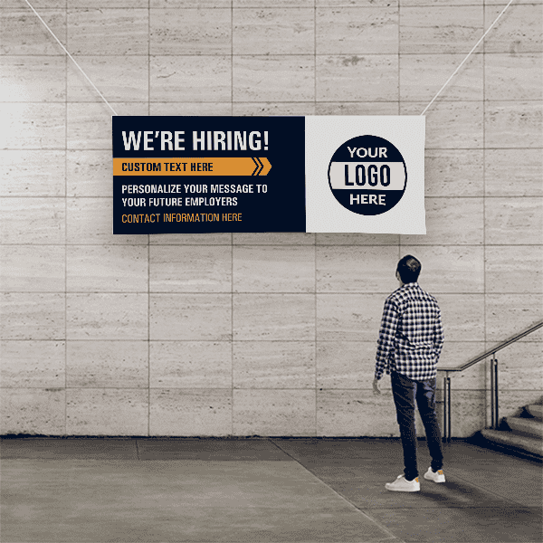 Custom Logo We're Hiring Vinyl Banner In Blue - 3x8 Lifestyle