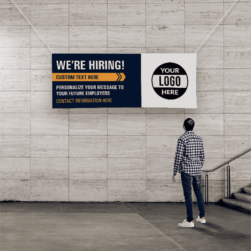 Custom Logo We're Hiring Vinyl Banner In Blue - 3x8 Lifestyle
