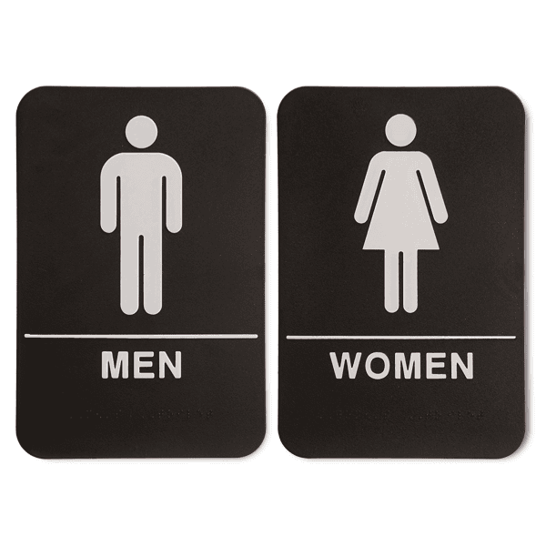 Black 9" x 6" ADA Braille Men's & Women's Restroom Sign Set