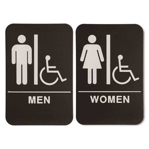 Black 9" x 6" ADA Braille Men's & Women's Handicap Restroom Sign Set