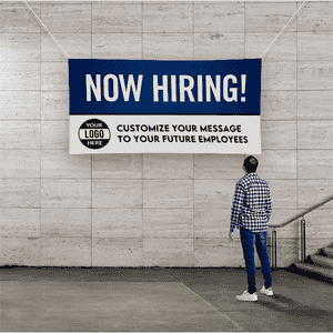 Custom Logo Now Hiring Vinyl Banner In Blue - 4x8 Lifestyle
