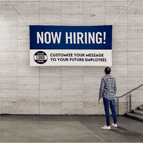 Custom Logo Now Hiring Vinyl Banner In Blue - 4x8 Lifestyle