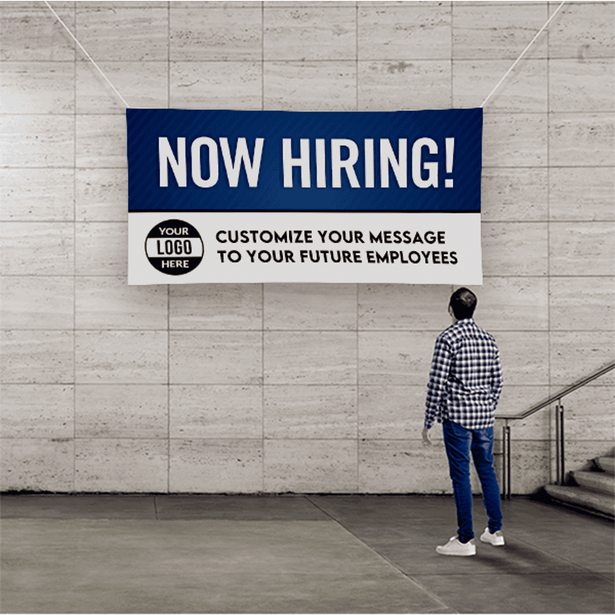 Custom Logo Now Hiring Vinyl Banner In Blue - 4x8 Lifestyle