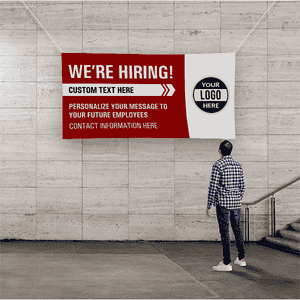 Custom Logo We're Hiring Vinyl Banner In Red - 4x8 Lifestyle