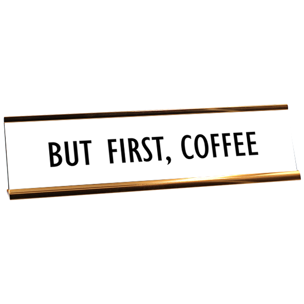 White desk plate with black custom text in yellow gold holder