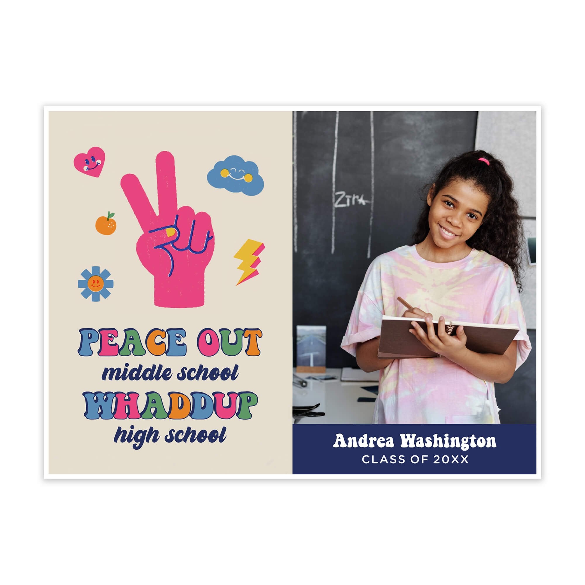 Custom middle school graduation yard sign with colorful design and custom photo