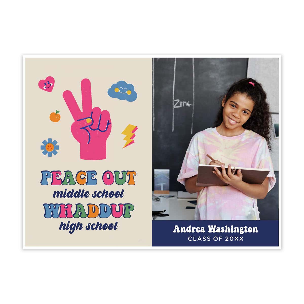 Custom middle school graduation yard sign with colorful design and custom photo