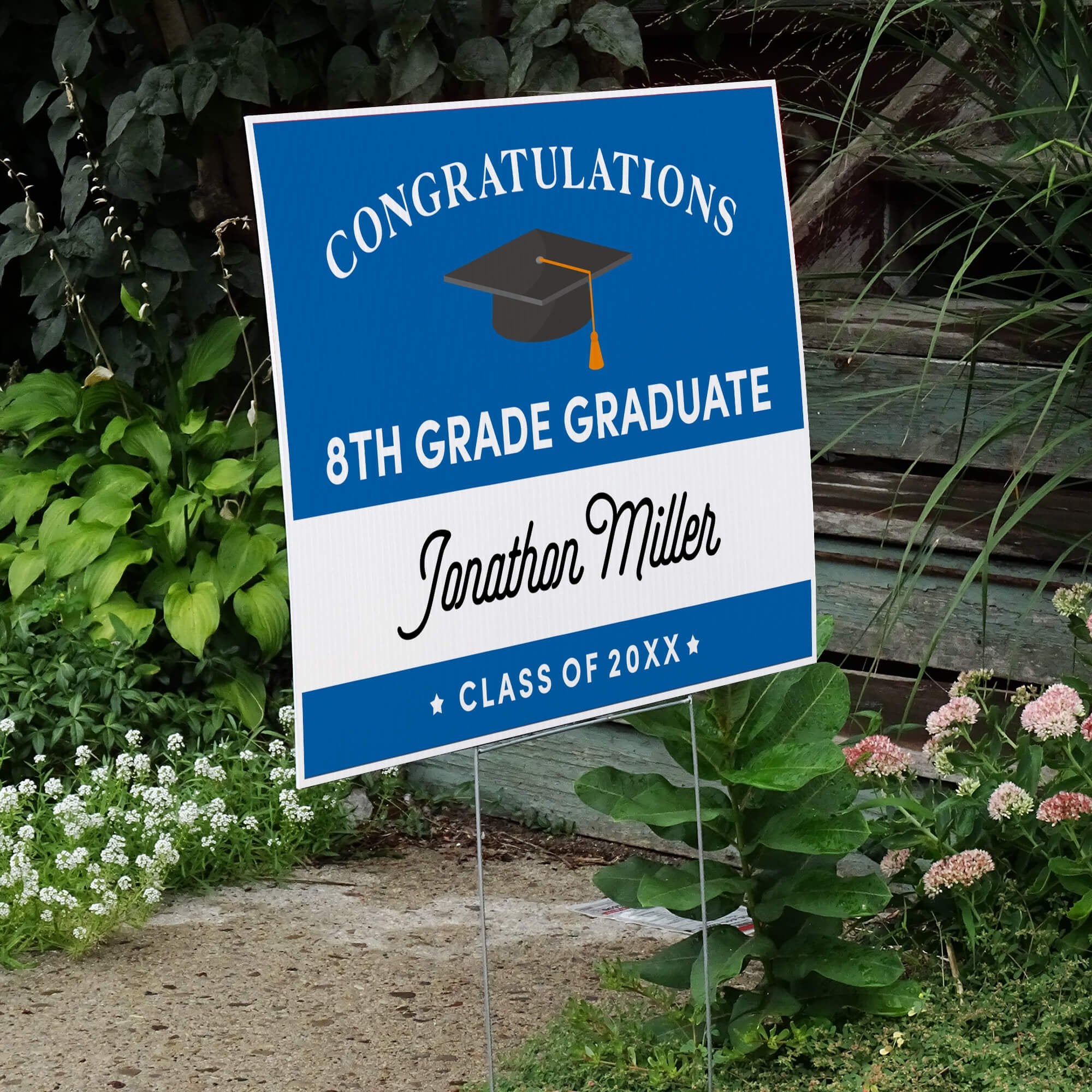 8th Grade Graduation Yard Sign Next to Stairs