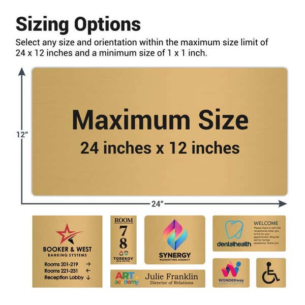 Various engraved brass sign sizes next to each other 