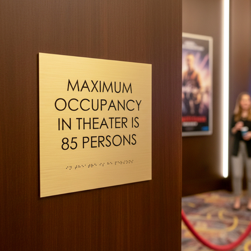 A gold ADA sign for the maximum occupancy of a theater