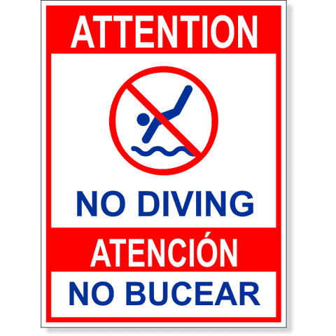 Bilingual Attention No Diving 8" x 6" Full Color Sign