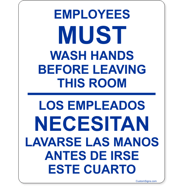 Bilingual Employees Must Wash Hands Before Leaving 10" x 8" Full Color Sign 