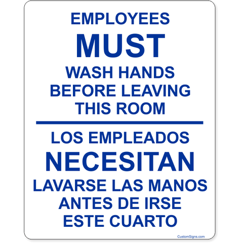 Bilingual Employees Must Wash Hands Before Leaving 10" x 8" Full Color Sign