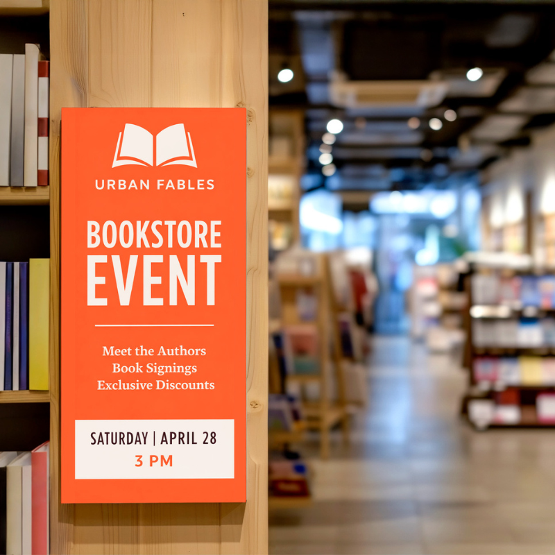 A plastic sign for a bookstore event