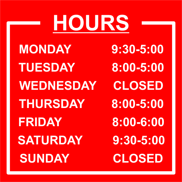 Bordered Hours of Operation Plastic Sign