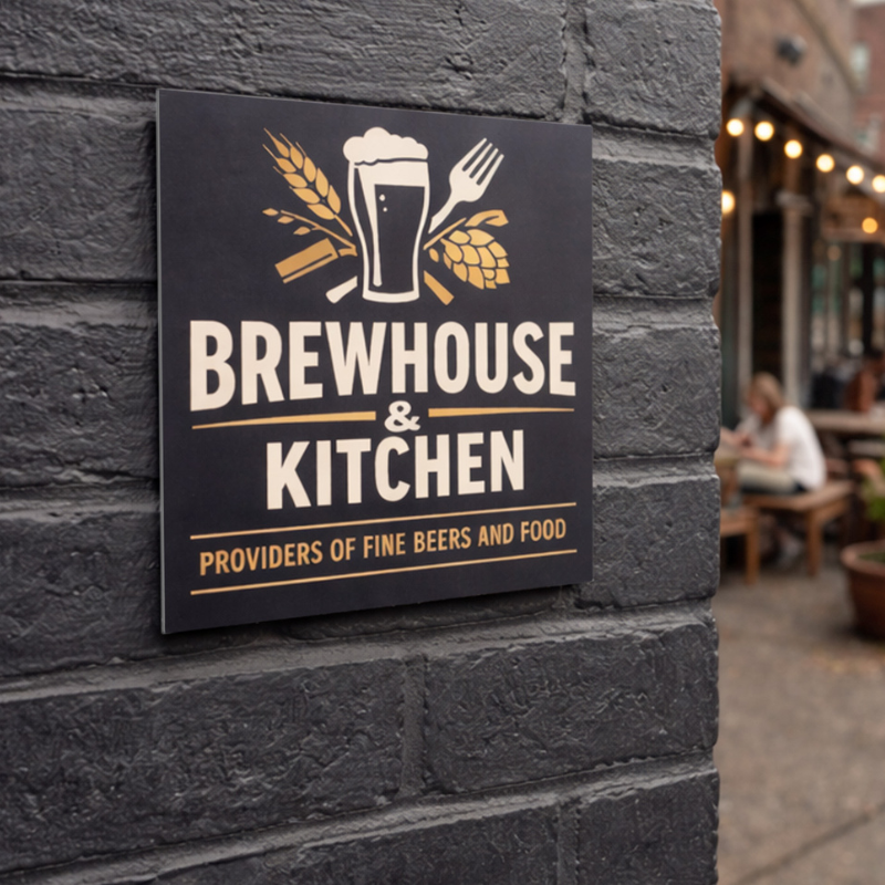 A plastic sign for a brewhouse 