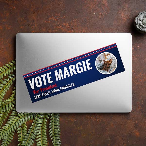 Custom Round Photo Political Bumper Sticker on a closed laptop