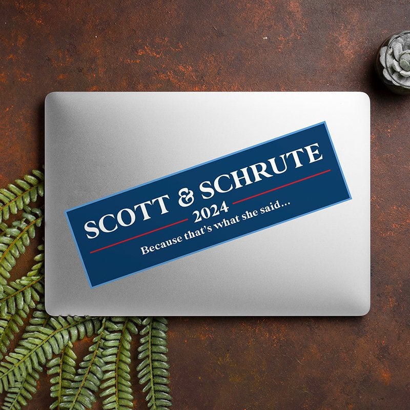 Scott Schrute Political Bumper Sticker on a closed laptop
