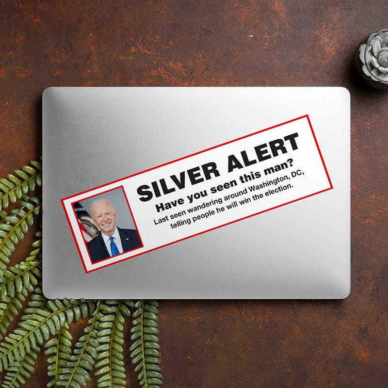Silver Alert Political Bumper Sticker on a laptop