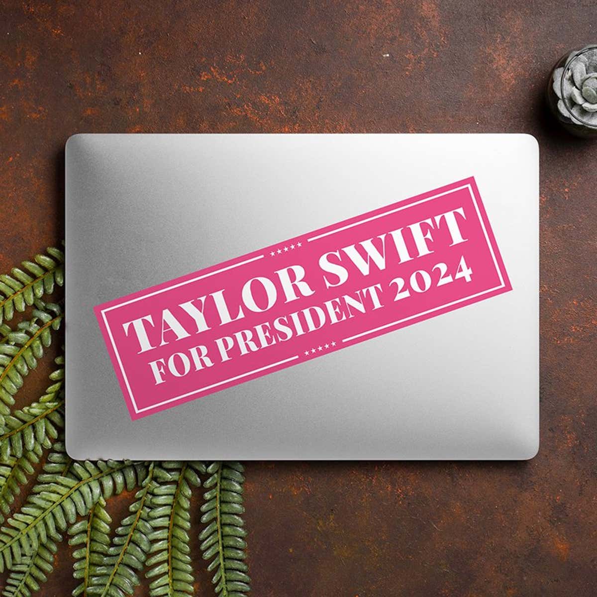 Taylor Swift for President Bumper Sticker on a closed laptop