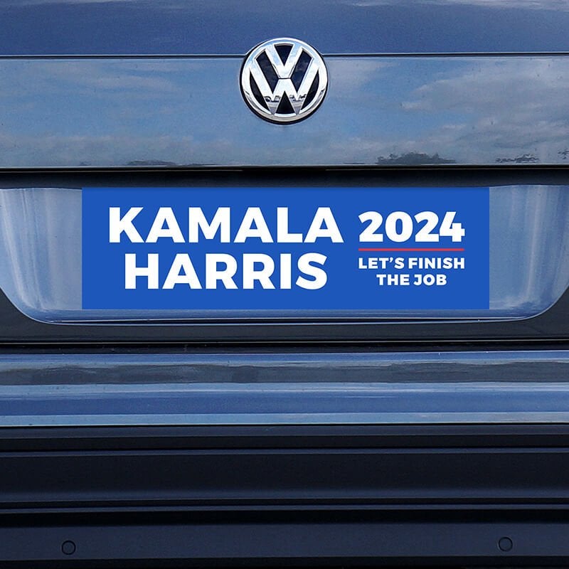 Let's Finish the Job | Harris Bumper Sticker on a blue car