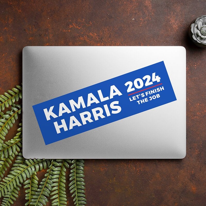 Let's Finish the Job | Harris Bumper Sticker on a closed laptop