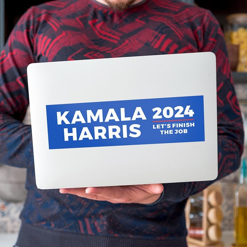 Let's Finish the Job | Harris Bumper Sticker on a laptop