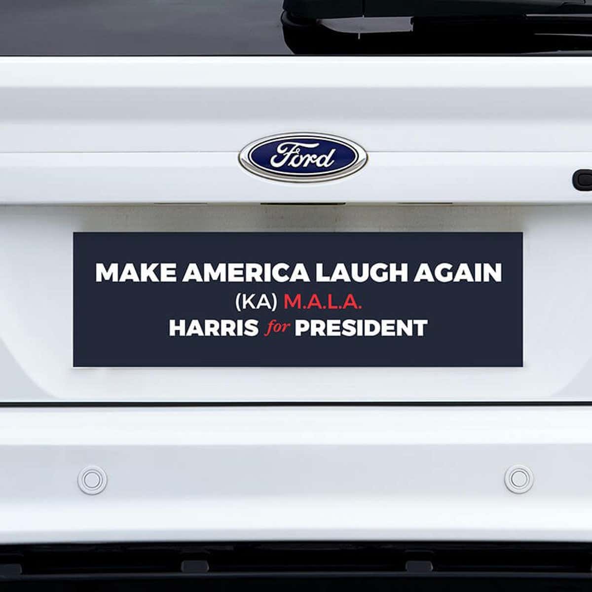MALA Harris for President Bumper Sticker on a white truck