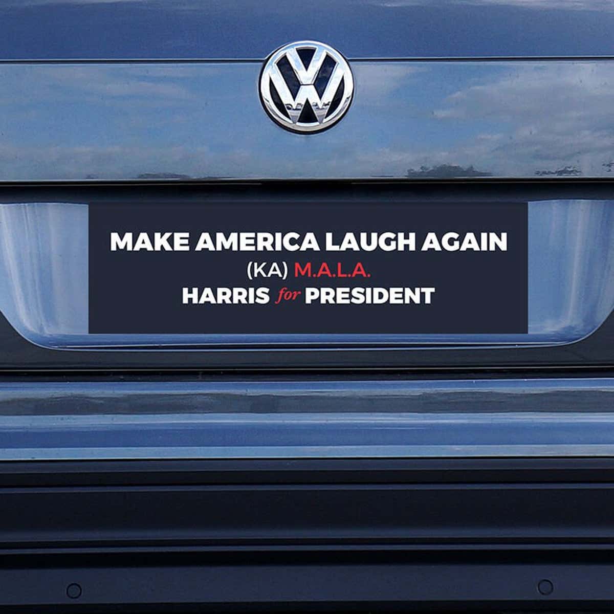 MALA Harris for President Bumper Sticker on a blue car